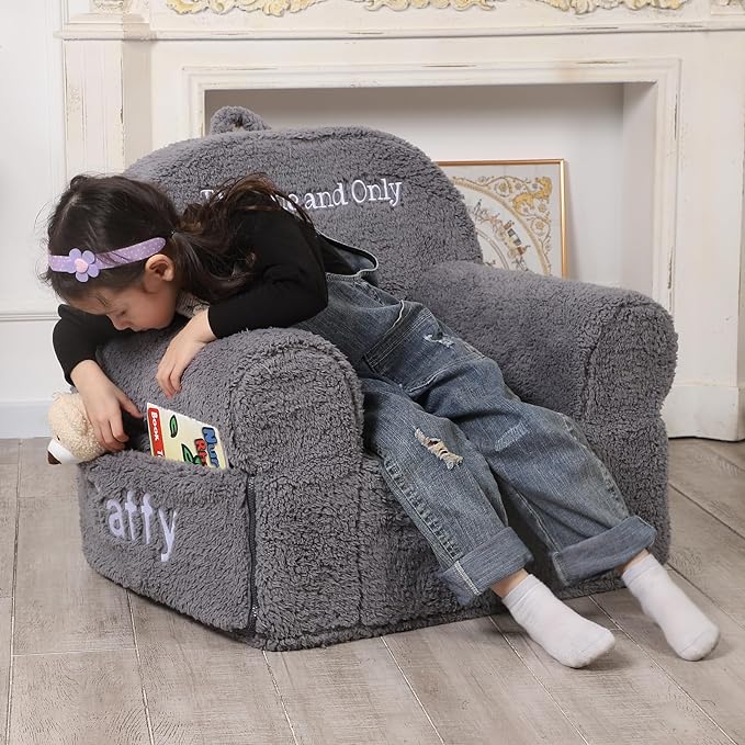 Personalized Kids Chair, High Back Toddler Sherpa Chair, Customize with Name, Grey