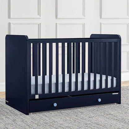 Delta Children babyGap Graham 4-in-1 Convertible Crib with Storage Drawer + Brannan Bear Bookcase with Bins + Brannan Bear Wall Shelf with 4 Hooks, Navy/Light Blue (Bundle)