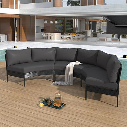 Spa Surround 3 Pieces Outdoor Patio Furniture, Weather Rattan Wicker Sectional Conversation Thick Cushions, Curved Half Moon Seating Group Sofa Set, Zp-Grey