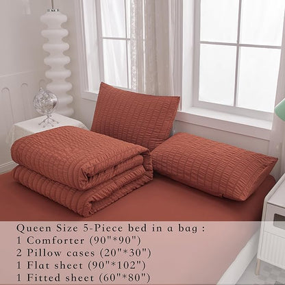 Burnt Orange Comforter Set Queen,Queen Sized Comforter Bedding Set, Burnt Orange Terracotta Bedding Set Queen Size,5 Pcs Lightweight Microfiber Bed Set