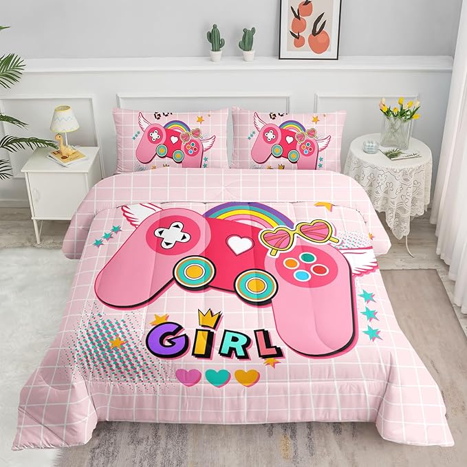 Datura home Bedding Comforter Set Pink Gamepad Printed Pattern Quilt with 1 and 2 Pillowcases for Girls Bedroom All Season(Pink Twin) Twin 68x86inches