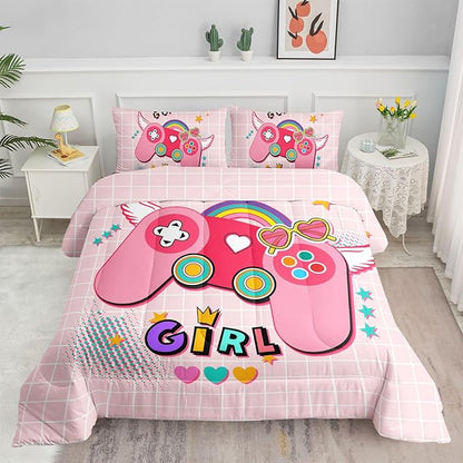 Datura home Bedding Comforter Set Pink Gamepad Printed Pattern Quilt with 1 and 2 Pillowcases for Girls Bedroom All Season(Pink Full) Full 80x90inches