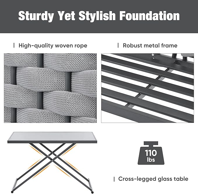 5-Piece Woven Rope Outdoor Patio Furniture Sets, L-shaped Conversation Sectional Sofa with Loveseat, Corner Couch, Glass Table and Removable Cushions, for Garden Backyard, Onesize, Gray+Beige