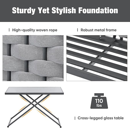 5-Piece Woven Rope Outdoor Patio Furniture Sets, L-shaped Conversation Sectional Sofa with Loveseat, Corner Couch, Glass Table and Removable Cushions, for Garden Backyard, Onesize, Gray+Beige