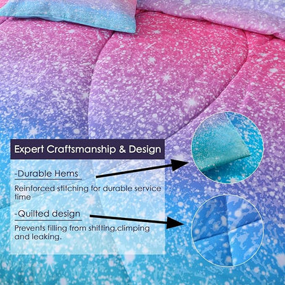JQinHome Glitter Comforter Set Twin Size,6 Piece Bed in A Bag 3D Colorful Duvet Pink Blue Bedding Sets for Girls Kids - (1 Comforter,2 Pillowcases, 1 Flat Sheet, 1 Fitted Sheet, 1 Cushion Cover)