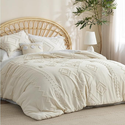 Bedsure Boho Comforter Set Twin - Beige Tufted Bedding Comforter Set, 2 Pieces Farmhouse Shabby Chic Embroidery Bedding Set, Soft Geometric Pattern Comforter for All Seasons