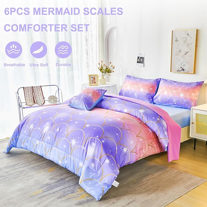 PERFEMET Mermaid Scales Queen Comforter Set 6 Pieces Purple Orange Comforter for Queen Size Bed Teen Girls Glitter Bedding Set Rainbow Tie Dye Bed in A Bag