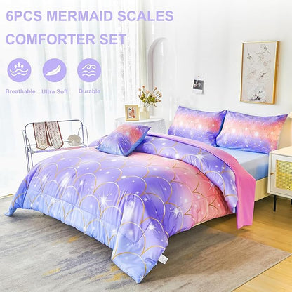 PERFEMET Full Size Mermaid Comforter Sets 6 Pieces Purple Ombre Girls Bedding Sets Tie Dye Rainbow Glitter Bed in A Bag for Kids Teens Girls Women