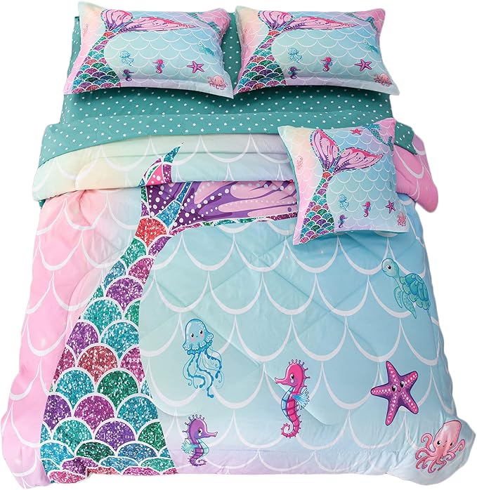 ADASMILE A & S 6 Pieces Mermaid Comforter Twin for Girls Kids Mermaid Bedding Fish Scale with Starfish Turtle Printed Bed in a Bag Comforter and Sheet Set Rainbow Mermaid Scale Bedding Home Decor