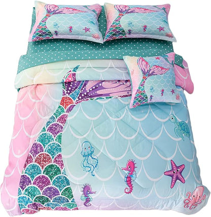 ADASMILE A & S 6 Pieces Mermaid Comforter Twin for Girls Kids Mermaid Bedding Fish Scale with Starfish Turtle Printed Bed in a Bag Comforter and Sheet Set Rainbow Mermaid Scale Bedding Home Decor