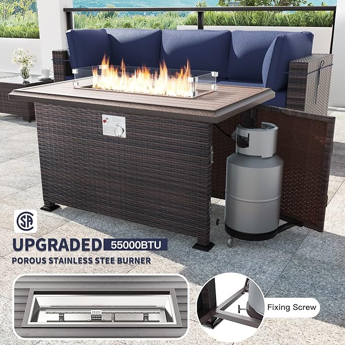 Kullavik 15PCS Outdoor Patio Furniture Set with 43" 55000BTU Gas Propane Fire Pit Table PE Wicker Rattan Sectional Sofa Patio Conversation Sets,Dark Blue