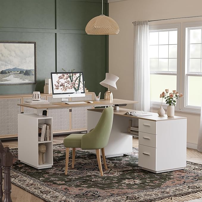 FEZIBO 63" L Shaped Executive Standing Desk with 3-Drawer File Cabinet, Electric Height Adjustable Stand up Desk for Home Office, Computer Desk with Storage Cabinets, White Frame Light Walnut Top