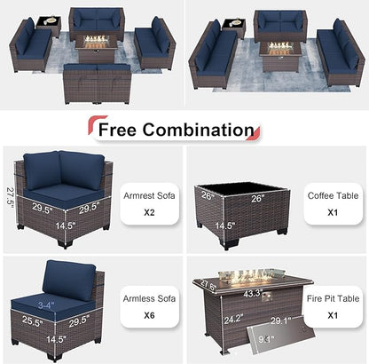 Patio Furniture Sectional Sofa 10PCS PE Rattan Patio Conversation Set w/43in Gas Fire Pit Table, Patio Outdoor Furniture with 55000 BTU Propane Fire Pit, Navy Blue