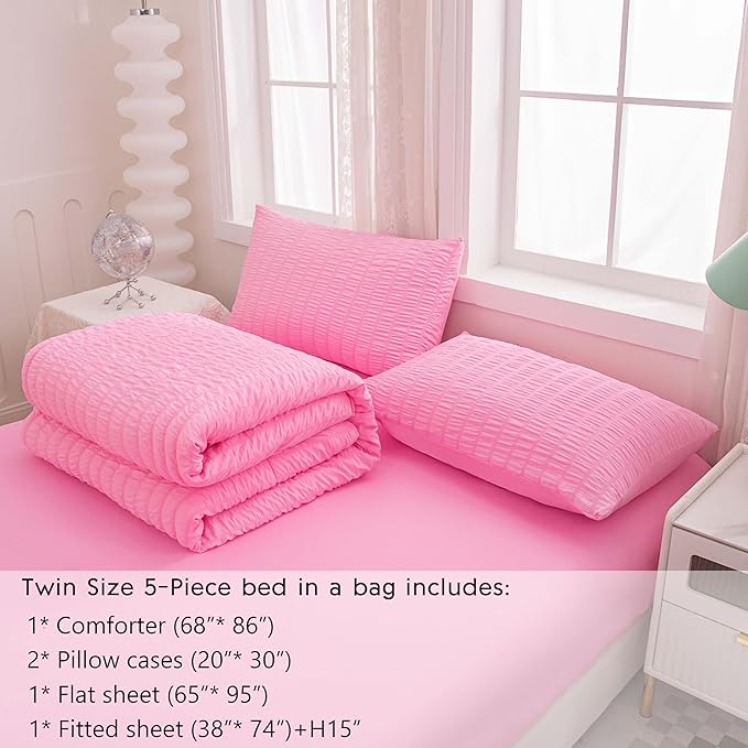 Twin Bed in a Bag Pink Seersucker Comforter Set 5-Pieces Microfiber Lightweight Comforter All Season Bedding Sets with Comforter,Flat Sheet,Fitted Sheet and Pillowcases