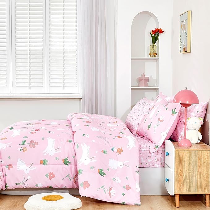 Mooreeke Bed in a Bag for Kids Girls Teens, 7 Pieces Full Size Comforter Bed Set with Shams, Sheet Set, Rabbit Pink Super Soft Microfiber Kids Comforter Bedding Set