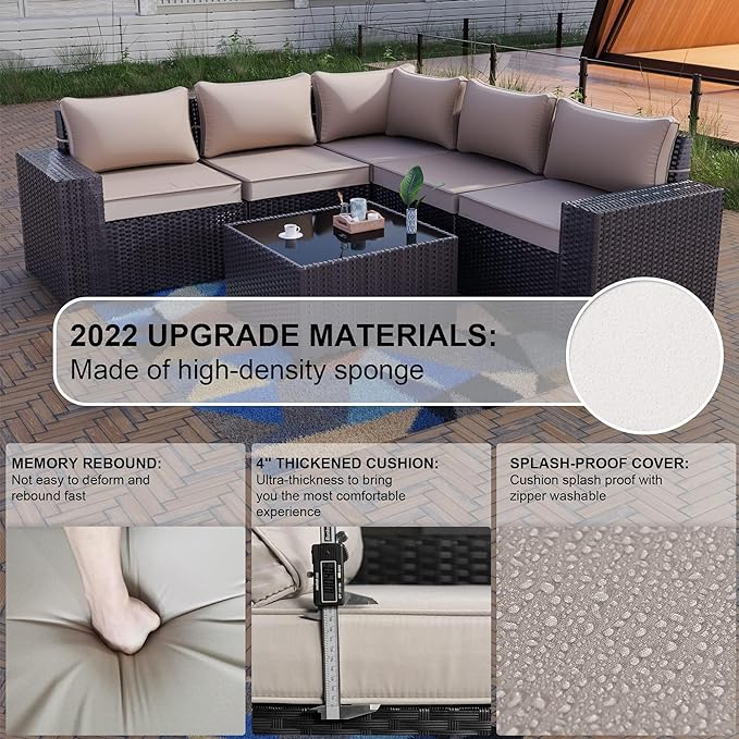 Kullavik 6PCS Outdoor Patio Furniture Set PE Wicker Rattan Sectional Sofa Patio Conversation Sets,Khaki