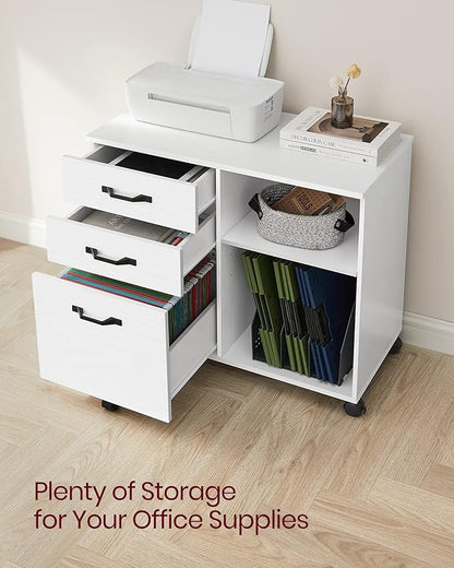 VASAGLE Lateral File Cabinet, Home Office Printer Stand, with 3 Drawers and Open Storage Shelves, for A4, Letter-Size Documents, White, 15.7”D x 31.5”W x 26”H