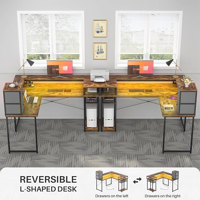 armocity L Shaped Desk with Drawers, Reversible Corner Computer Desk with LED Light & Power Outlet, 55.2'' L-Shaped Gaming Desk with Long Monitor Shelf, Home Office Desk for Small Corner Space, Rustic