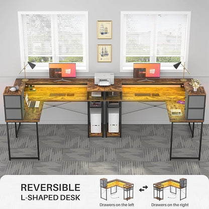 armocity L Shaped Desk with Drawers, Reversible Corner Computer Desk with LED Light & Power Outlet, 55.2'' L-Shaped Gaming Desk with Long Monitor Shelf, Home Office Desk for Small Corner Space, Rustic