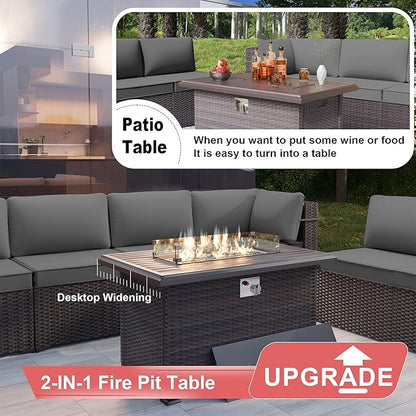 Patio Furniture Sectional Sofa Set 10-Pieces PE Rattan Patio Conversation Set w/43in Gas Fire Pit Table, Outdoor Furniture with 55000 BTU Propane Fire Pit, Grey