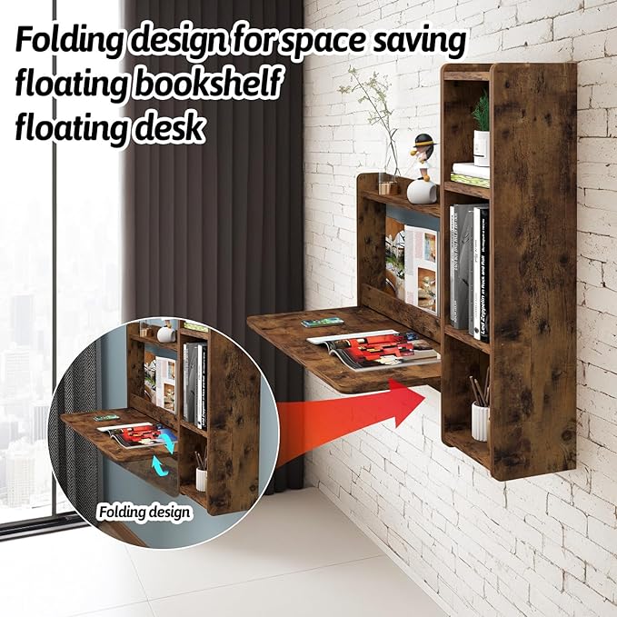 Pmnianhua Farmhouse Floating Desk,41''Wall Mounted Desk,L Shaped Folding Table,Fold Down Laptop Computer Table with Storage for Wall Bedroom Small Space (Rustic Brown-Right)
