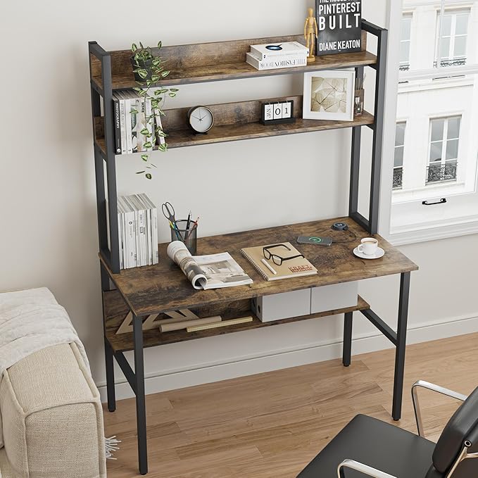 47 Inch Computer Desk with Desktop Wireless Charger, Home Office Desk with Bookshelf, Writing Desk with Storage Shelves for Home Office, Craft Table with Hutch Rustic