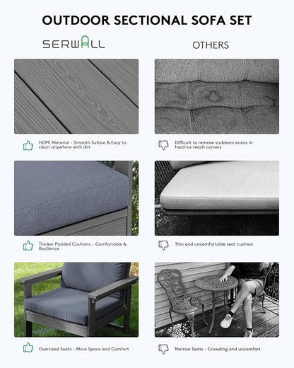 SERWALL HDPE Patio Coversation Set, 7-piece Outdoor Sectional Sofa Set, All Weather Patio Couch Set Patio Furniture for Balcony, Deck, Grey Frame with Grey Cushion