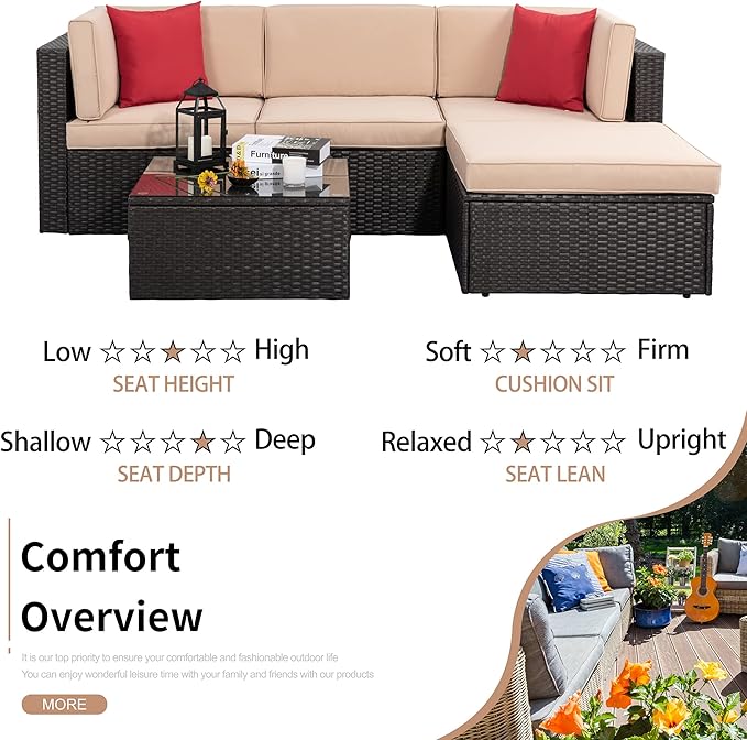 Shintenchi 5 Pieces Patio Furniture Sets Outdoor All-Weather Sectional Patio Sofa Set PE Rattan Manual Weaving Wicker Patio Conversation Set with Glass Table&Ottoman Cushion and Red Pillows