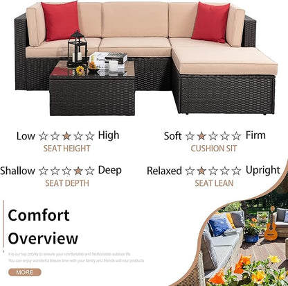 Shintenchi 5 Pieces Patio Furniture Sets Outdoor All-Weather Sectional Patio Sofa Set PE Rattan Manual Weaving Wicker Patio Conversation Set with Glass Table&Ottoman Cushion and Red Pillows