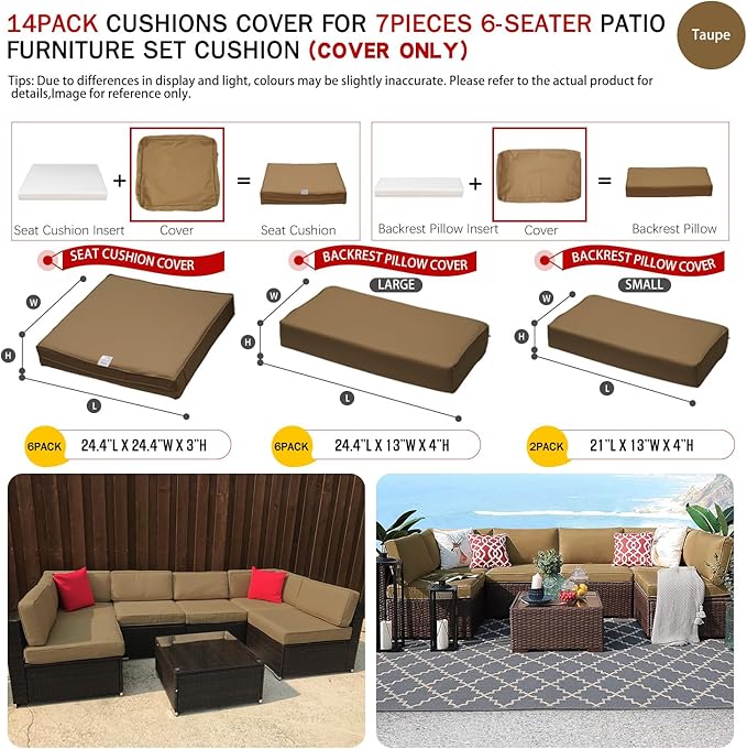 ClawsCover 14Pack Outdoor Patio Seat and Back Cushions Replacement Covers Fit for 7Pieces 6-Seater Wicker Rattan Sectional Couch Chair Furniture Set,Taupe-Include Cover Only (Small)