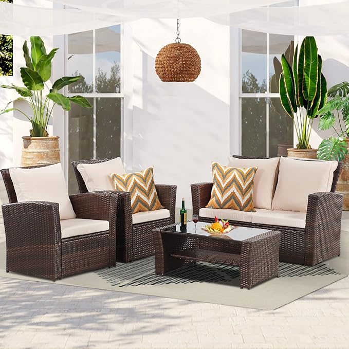 4 Piece Patio Furniture Sets, All-Weather Wicker Conversation Sets, Outdoor Rattan Sectional Sofa Chair with Cushions and Coffee Table for Balcony, Garden, Backyard, Brown