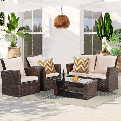 4 Piece Patio Furniture Sets, All-Weather Wicker Conversation Sets, Outdoor Rattan Sectional Sofa Chair with Cushions and Coffee Table for Balcony, Garden, Backyard, Brown