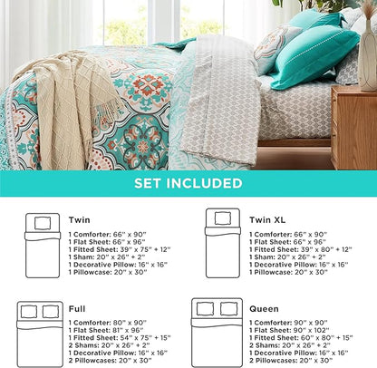 Degrees of Comfort Bed in a Bag Twin XL, Boho Medallion Comforter Sets for College, Microfiber 6 Pieces Bedding Set with Sheet, Matching Decorative Pillow, Aqua