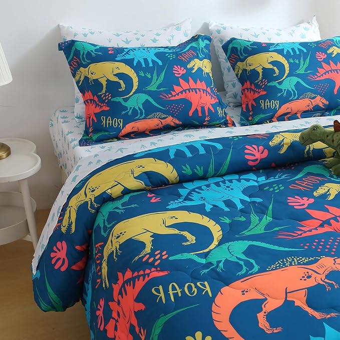 Wajade Boys Dinosaur Comforter Set Bed in A Bag Queen Size 7 Piece 3D Blue Dinosaur Print Bedding Set for Kids Teens(1 Comforter, 1 Flat Sheet, 1 Fitted Sheet, 2 Pillowcase and 2 Pillow Sham)
