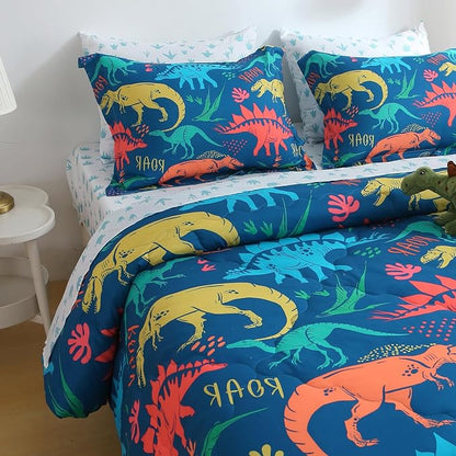 Wajade Boys Dinosaur Comforter Set Bed in A Bag Twin Size 7 Piece 3D Blue Dinosaur Print Bedding Set for Kids Teens(1 Comforter, 1 Flat Sheet, 1 Fitted Sheet, 2 Pillowcase and 2 Pillow Sham)