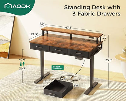 AODK 47 Inch Electric Standing Desk with 3 Drawers, Brown, Height Adjustable Desk with Power Outlets & LED Lights, Stand Up Desk with Monitor Shelf, Sit Stand Desk Computer Workstation