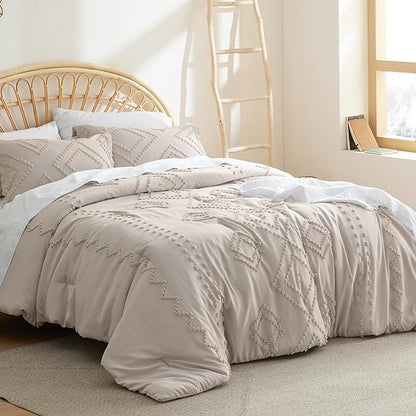 Bedsure Boho Comforter Set Full - Linen Tufted Bedding Comforter Set, 3 Pieces Farmhouse Shabby Chic Embroidery Bedding Set, Soft Geometric Pattern Comforter for All Seasons