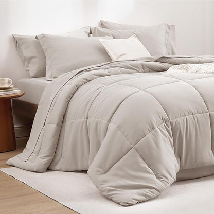 Bedsure Beige Queen Comforter Set - 7 Pieces Solid Queen Bed in a Bag, Queen Bed Set Beige with Comforters, Sheets, Pillowcases & Shams