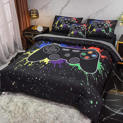 6Pcs Gamer Comforter Set with Sheets for Boys Girls Kids Teens, Colorful Graffiti Gaming Themed Bed in A Bag Twin Size, Black 3D Video Game Controller Bedroom Decor Bedding Set