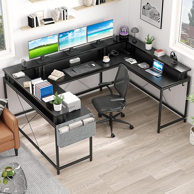 U Shaped Computer Gaming Desk, Reversible L Shaped Desk with Power Outlets, LED Strip & Monitor Stand, Large Corner Desk with Storage Shelves for Home Office, Black