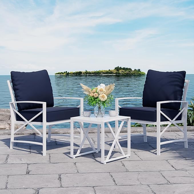 Shintenchi 3 Piece White Metal Outdoor Furniture Sectional Set, Modern Outdoor Metal Chair Conversation Furniture Set with Coffee Table for Patio,Backyard,Balcony (Dark Blue)