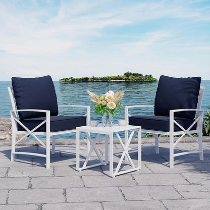 Shintenchi 3 Piece White Metal Outdoor Furniture Sectional Set, Modern Outdoor Metal Chair Conversation Furniture Set with Coffee Table for Patio,Backyard,Balcony (Dark Blue)