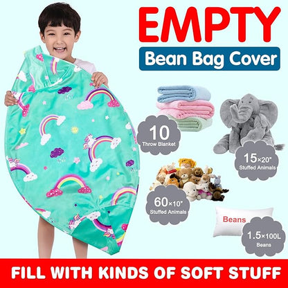Lukeight Unicorns Stuffed Animal Storage Bean Bag Chair Cover for Kids, Unicorns Zipper Beanbag Chair Cover for Organizing Toddler & Kids' Rooms Plush Toys (Rainbow Green, Large)