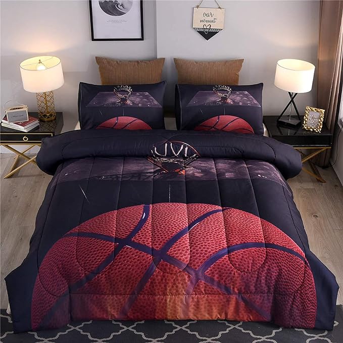 Btargot Basketball Comforter Sets Full for Boys Teens,3D Sports Basketball Bedding,Soft Microfiber Reversible Quilt with 3 Matching Pillow Shams