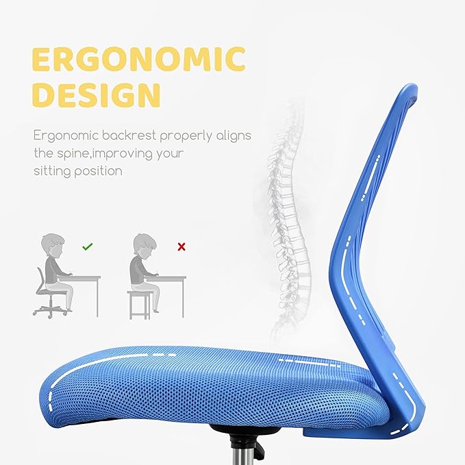 Yaheetech Students Desk Chair Low-Back Armless Study Chair Swivel Task Chair Cute Bedroom Chair with Lumbar Support Adjustable Height for Youth, Blue