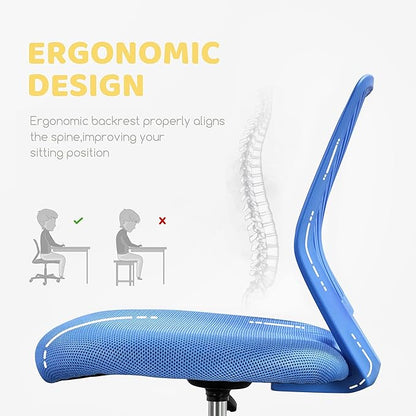Yaheetech Students Desk Chair Low-Back Armless Study Chair Swivel Task Chair Cute Bedroom Chair with Lumbar Support Adjustable Height for Youth, Blue