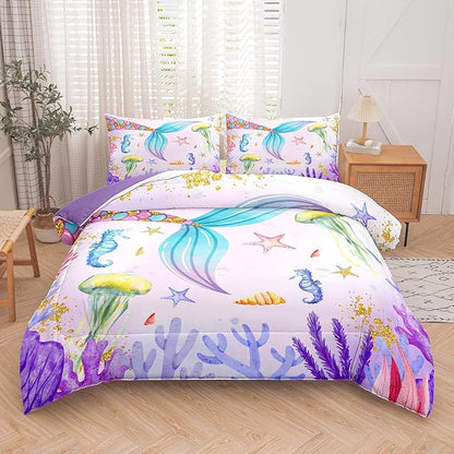 NINENINE Mermaid Tail Bedding Sets Mermaid Comforter Set,Full Size Bedding Sets for Girls,Princess Comforter Toddler Bedding Sets for Girls with 1 Comforter 2Pillowcases