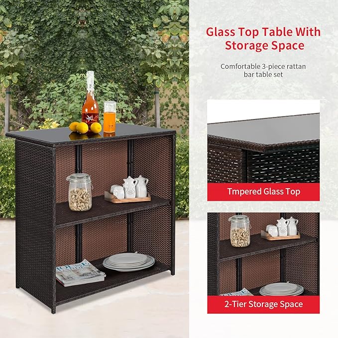 FDW Outdoor Furniture Set Wicker Bistro Set 3PCS Patio Bar Set with Two Stools for Patio Backyard Balcony,Red Cushion