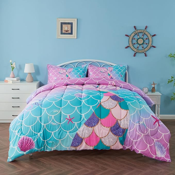 Twin/Twin XL Comforter Set for Girls Mermaid Tail Rainbow Scales Bedding Set 2 Pieces Twin Size Comforter with Pillowcase for Kids, Teenagers