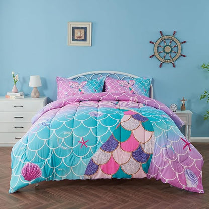 Twin/Twin XL Comforter Set for Girls Mermaid Tail Rainbow Scales Bedding Set 2 Pieces Twin Size Comforter with Pillowcase for Kids, Teenagers